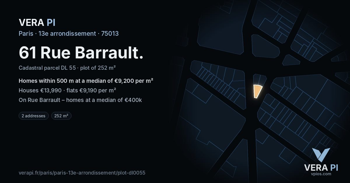 61 Rue Barrault, 13e arrondissement at night – the plot lit, the parcels around coloured by the prices near them