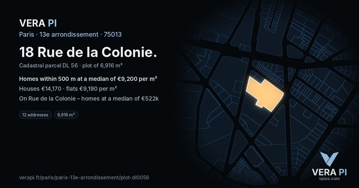 18 Rue de la Colonie, 13e arrondissement at night – the plot lit, the parcels around coloured by the prices near them