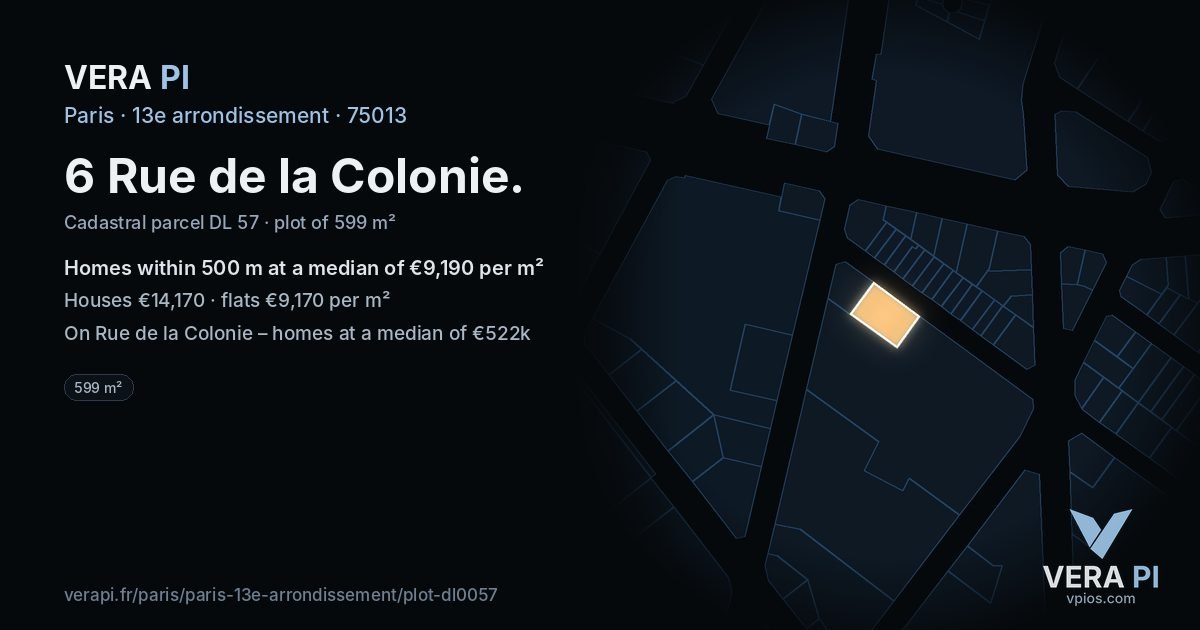 6 Rue de la Colonie, 13e arrondissement at night – the plot lit, the parcels around coloured by the prices near them