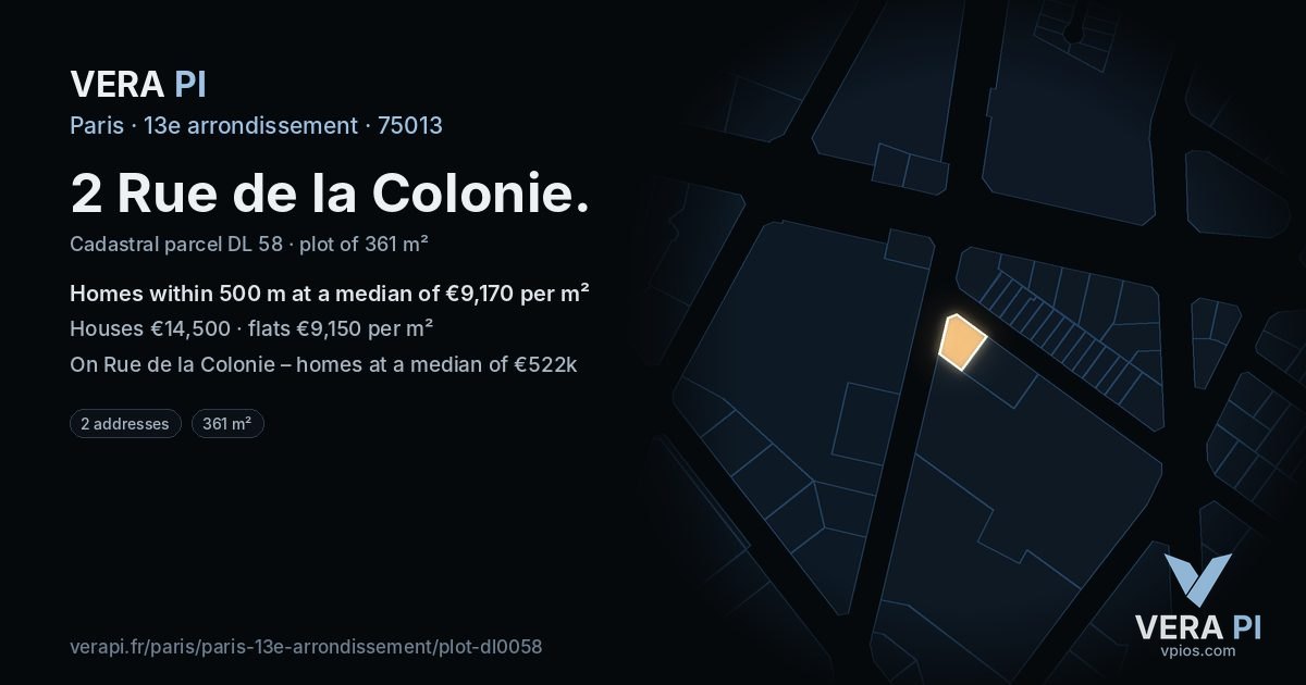 2 Rue de la Colonie, 13e arrondissement at night – the plot lit, the parcels around coloured by the prices near them