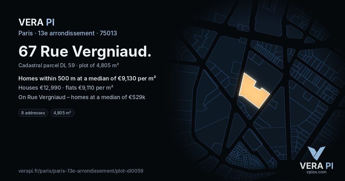 67 Rue Vergniaud, 13e arrondissement at night – the plot lit, the parcels around coloured by the prices near them