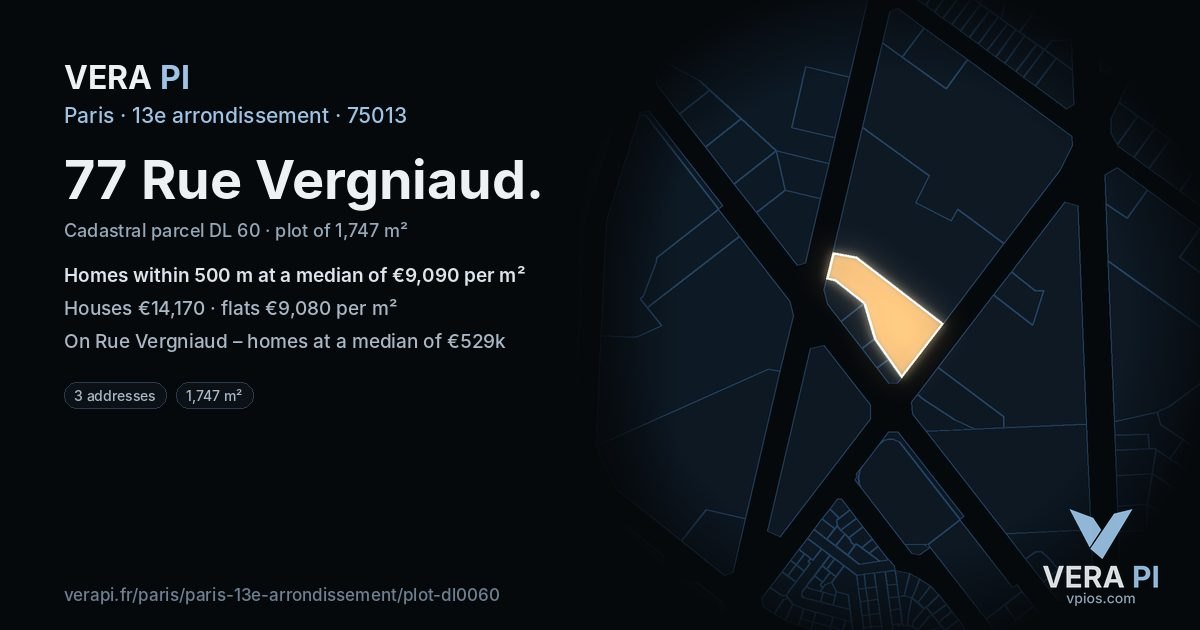77 Rue Vergniaud, 13e arrondissement at night – the plot lit, the parcels around coloured by the prices near them