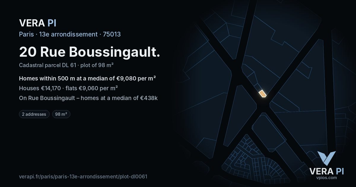 20 Rue Boussingault, 13e arrondissement at night – the plot lit, the parcels around coloured by the prices near them