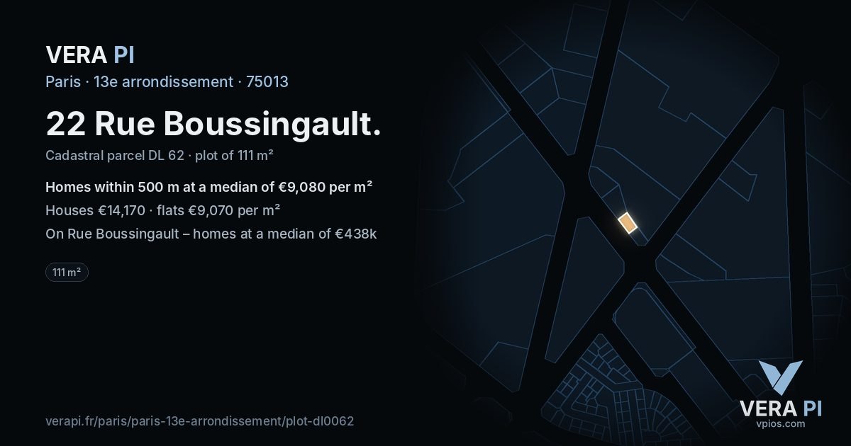 22 Rue Boussingault, 13e arrondissement at night – the plot lit, the parcels around coloured by the prices near them