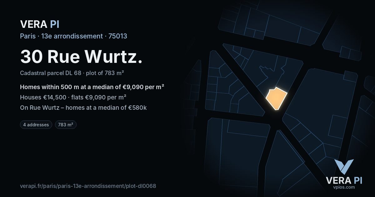 30 Rue Wurtz, 13e arrondissement at night – the plot lit, the parcels around coloured by the prices near them