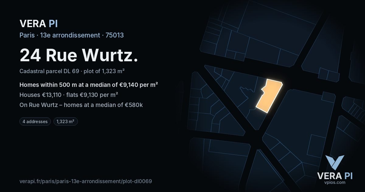 24 Rue Wurtz, 13e arrondissement at night – the plot lit, the parcels around coloured by the prices near them
