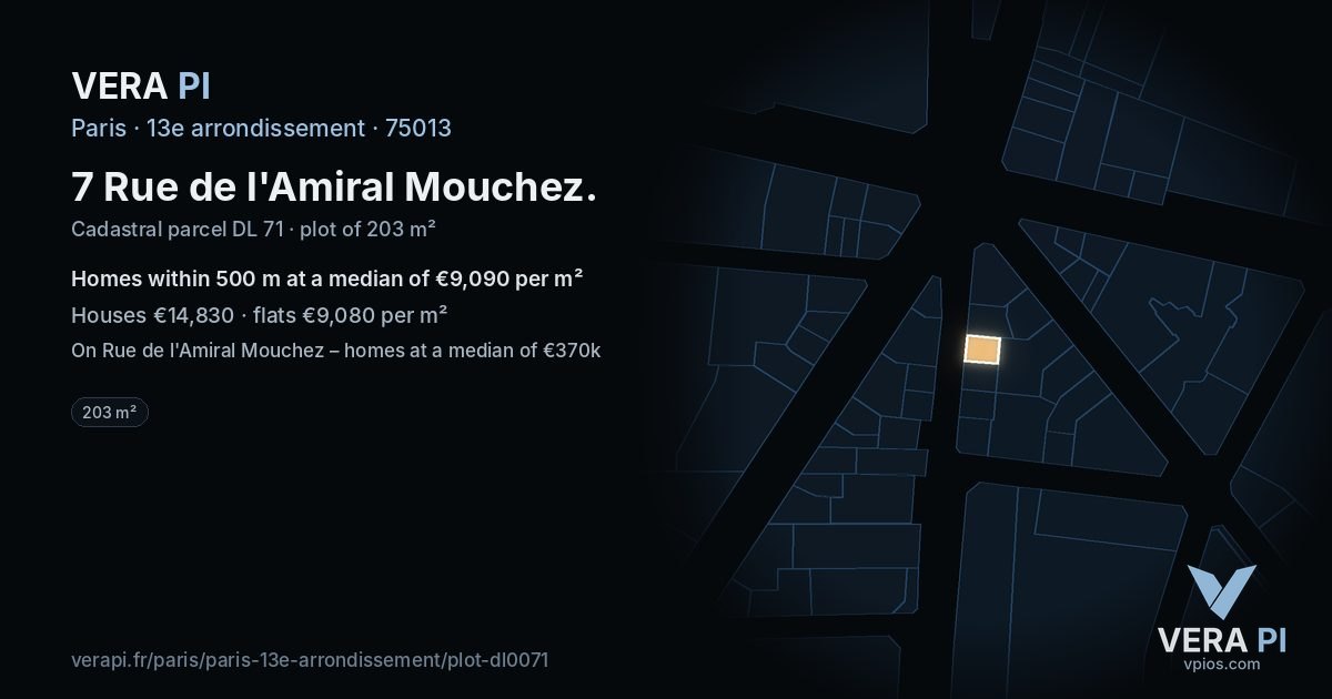 7 Rue de l'Amiral Mouchez, 13e arrondissement at night – the plot lit, the parcels around coloured by the prices near them