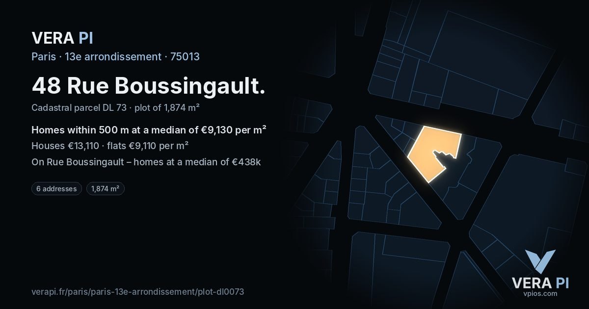 48 Rue Boussingault, 13e arrondissement at night – the plot lit, the parcels around coloured by the prices near them