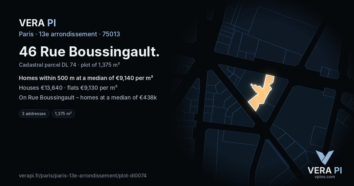 46 Rue Boussingault, 13e arrondissement at night – the plot lit, the parcels around coloured by the prices near them