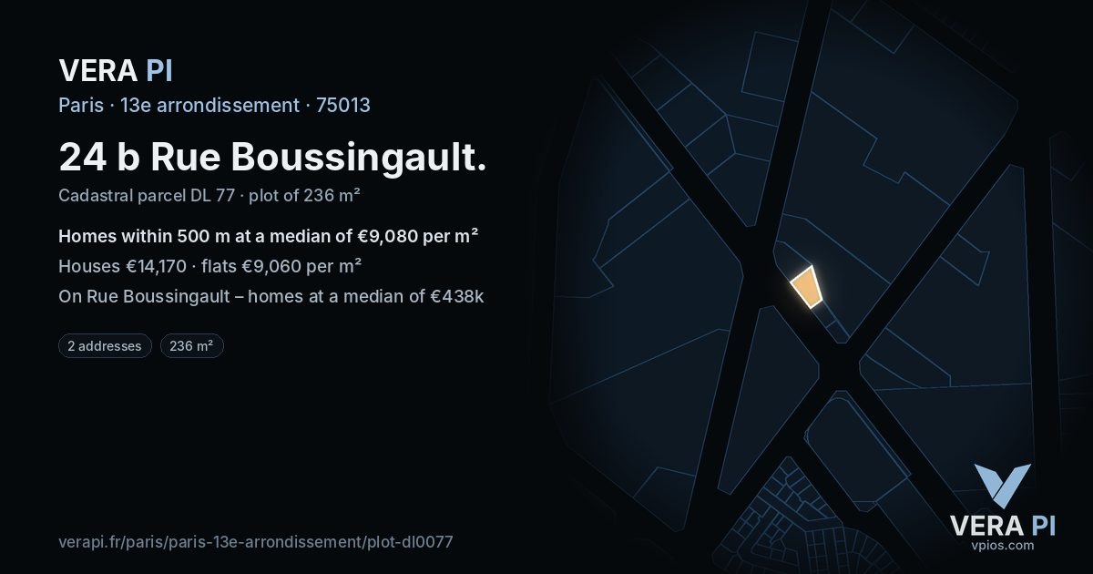 24 b Rue Boussingault, 13e arrondissement at night – the plot lit, the parcels around coloured by the prices near them
