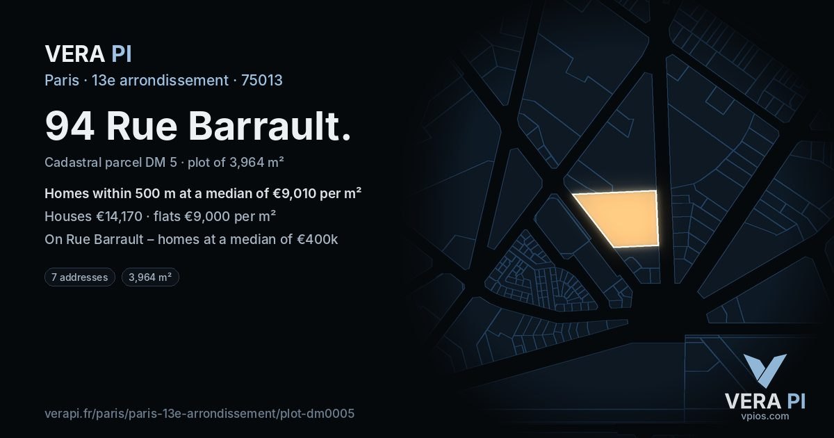 94 Rue Barrault, 13e arrondissement at night – the plot lit, the parcels around coloured by the prices near them
