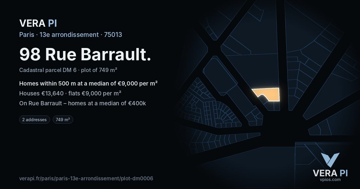 98 Rue Barrault, 13e arrondissement at night – the plot lit, the parcels around coloured by the prices near them