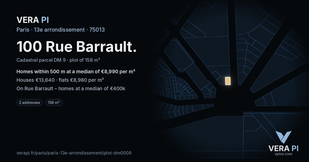 100 Rue Barrault, 13e arrondissement at night – the plot lit, the parcels around coloured by the prices near them