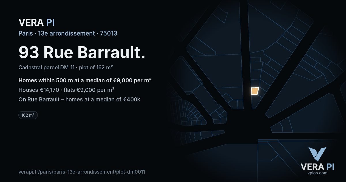 93 Rue Barrault, 13e arrondissement at night – the plot lit, the parcels around coloured by the prices near them