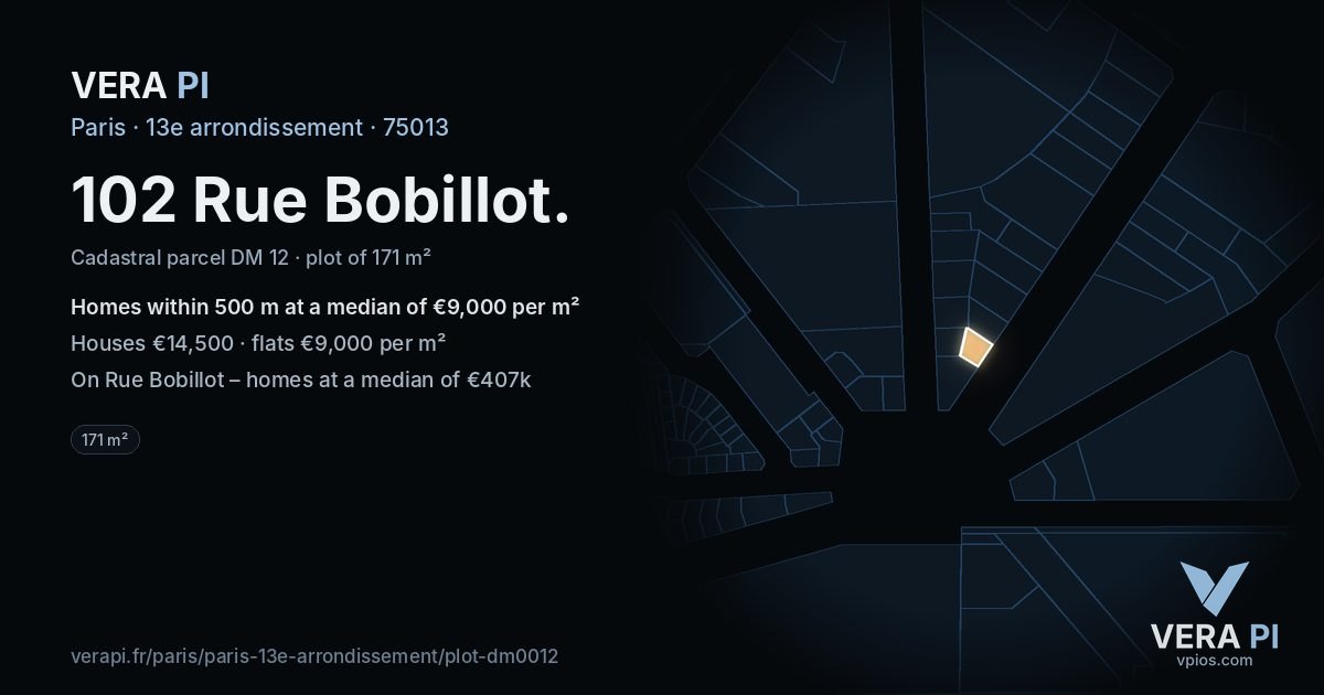 102 Rue Bobillot, 13e arrondissement at night – the plot lit, the parcels around coloured by the prices near them