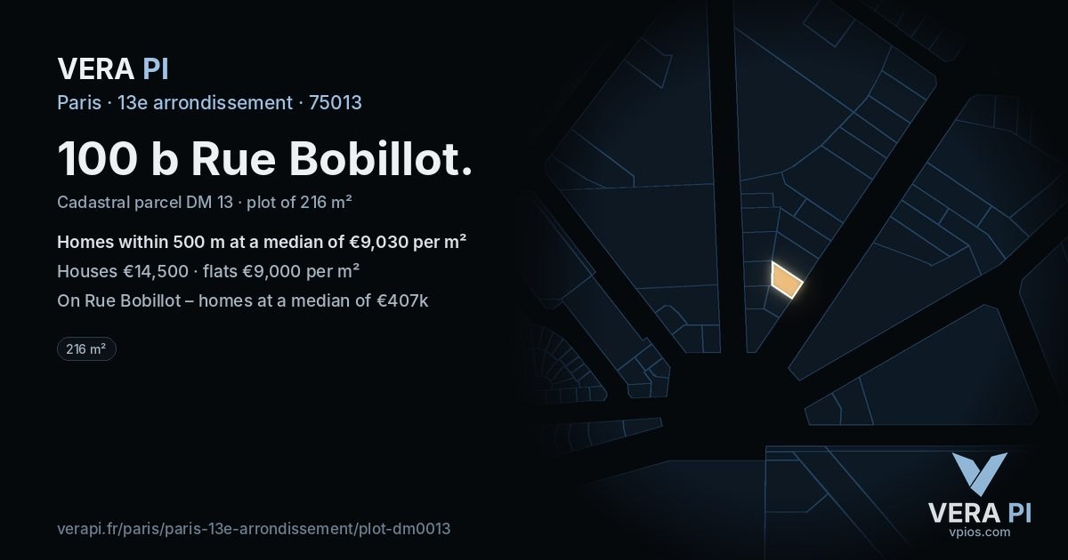 100 b Rue Bobillot, 13e arrondissement at night – the plot lit, the parcels around coloured by the prices near them
