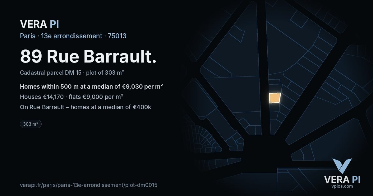 89 Rue Barrault, 13e arrondissement at night – the plot lit, the parcels around coloured by the prices near them