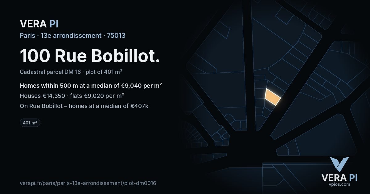 100 Rue Bobillot, 13e arrondissement at night – the plot lit, the parcels around coloured by the prices near them