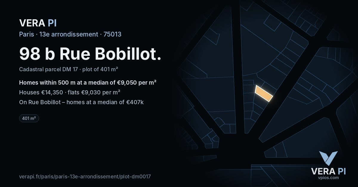 98 b Rue Bobillot, 13e arrondissement at night – the plot lit, the parcels around coloured by the prices near them