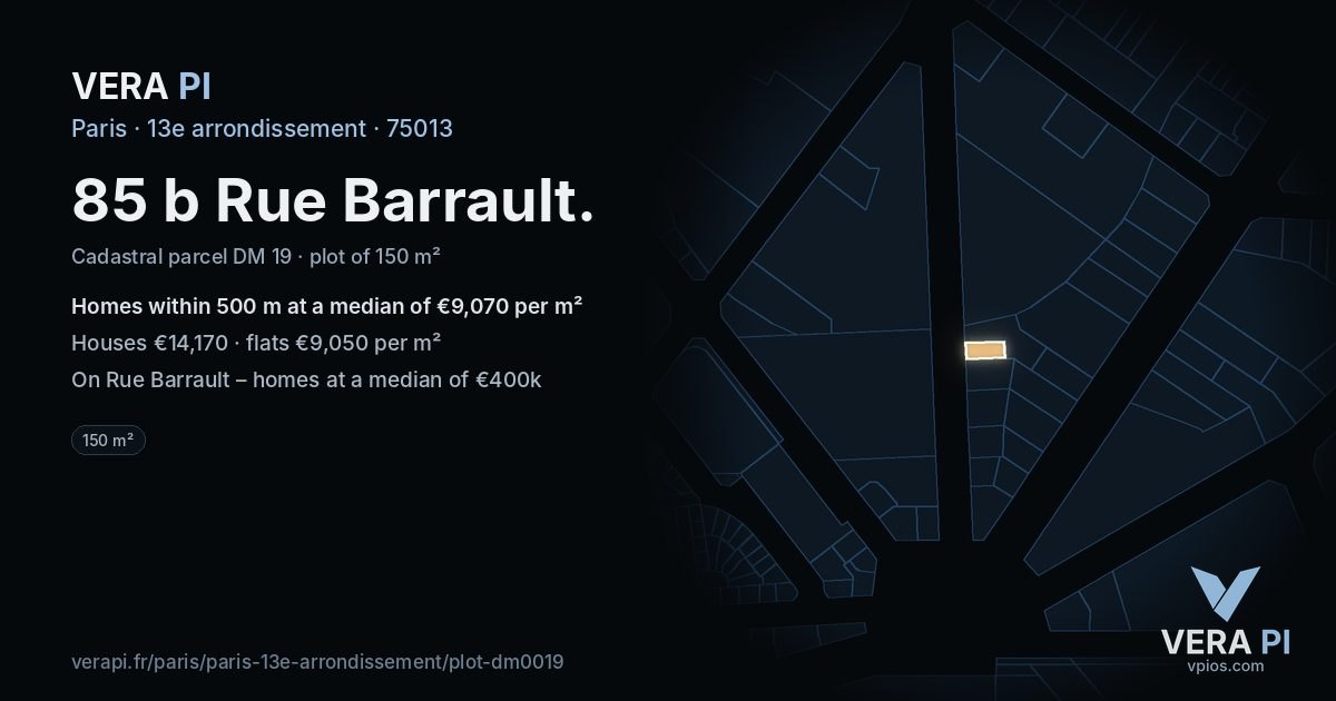 85 b Rue Barrault, 13e arrondissement at night – the plot lit, the parcels around coloured by the prices near them