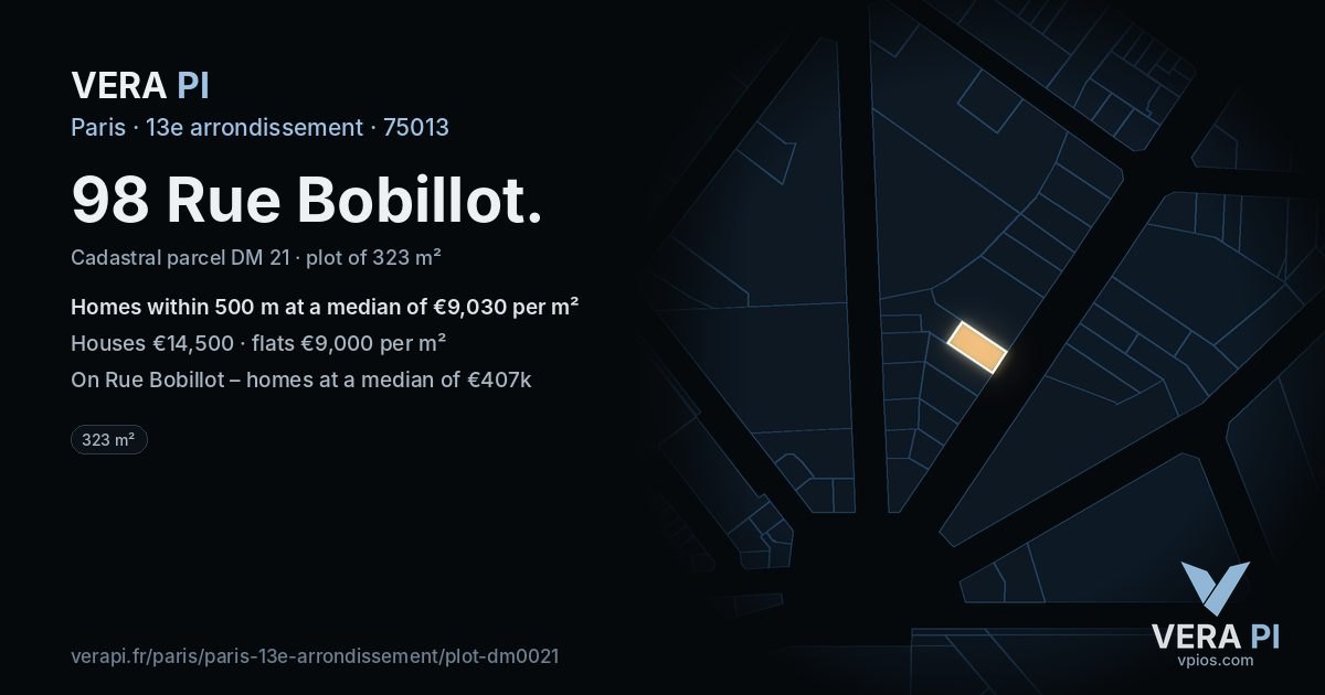 98 Rue Bobillot, 13e arrondissement at night – the plot lit, the parcels around coloured by the prices near them