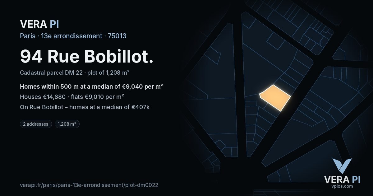 94 Rue Bobillot, 13e arrondissement at night – the plot lit, the parcels around coloured by the prices near them