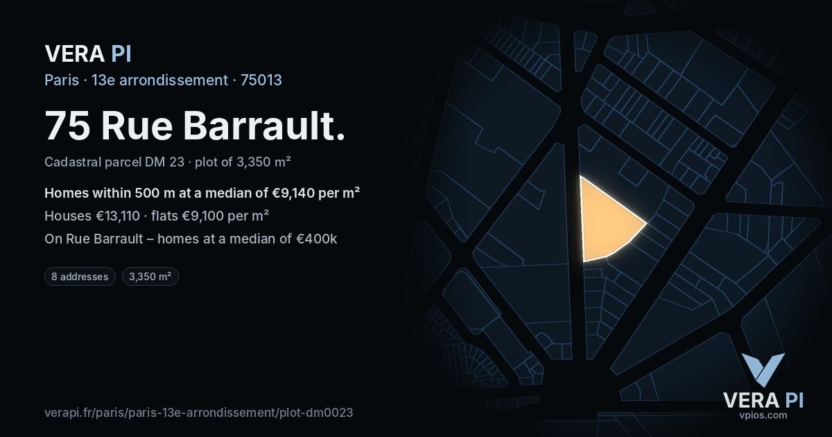 75 Rue Barrault, 13e arrondissement at night – the plot lit, the parcels around coloured by the prices near them