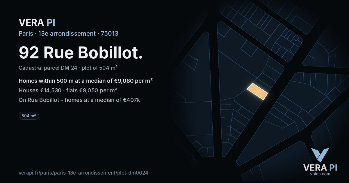 92 Rue Bobillot, 13e arrondissement at night – the plot lit, the parcels around coloured by the prices near them