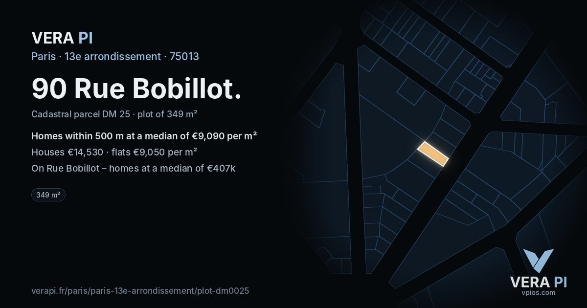 90 Rue Bobillot, 13e arrondissement at night – the plot lit, the parcels around coloured by the prices near them