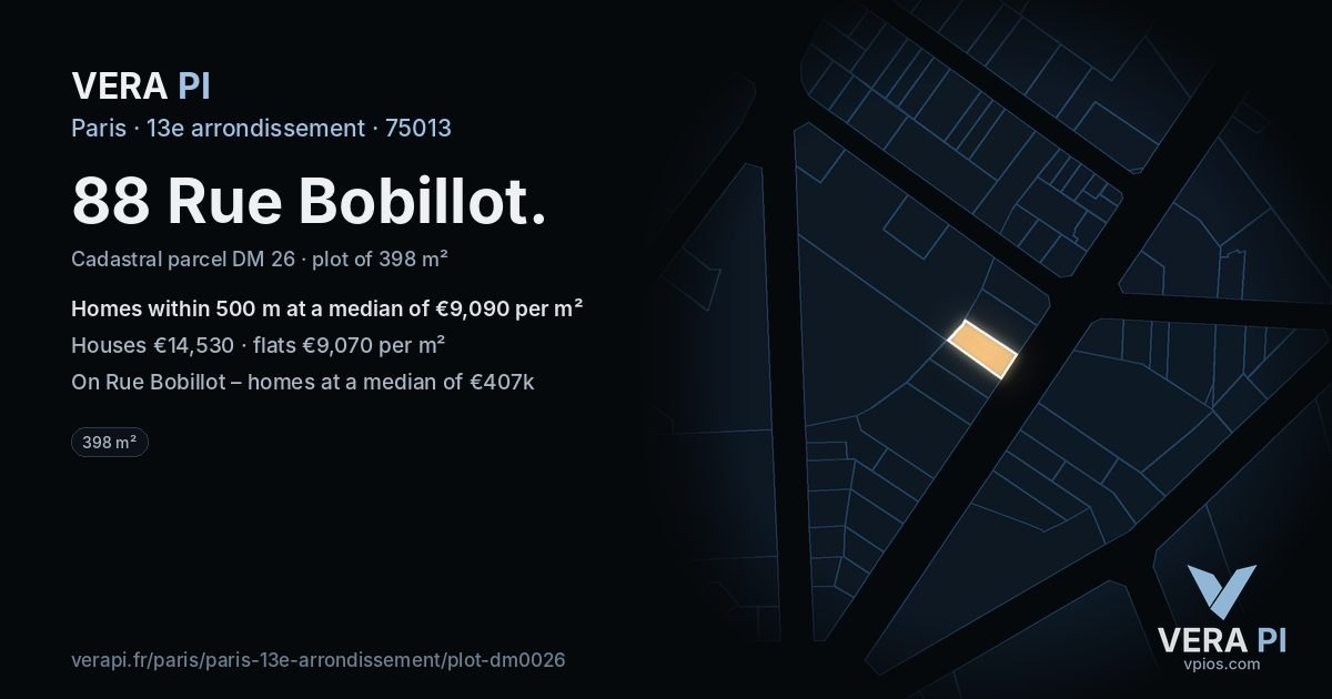 88 Rue Bobillot, 13e arrondissement at night – the plot lit, the parcels around coloured by the prices near them