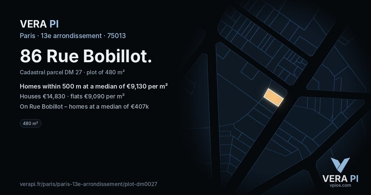 86 Rue Bobillot, 13e arrondissement at night – the plot lit, the parcels around coloured by the prices near them