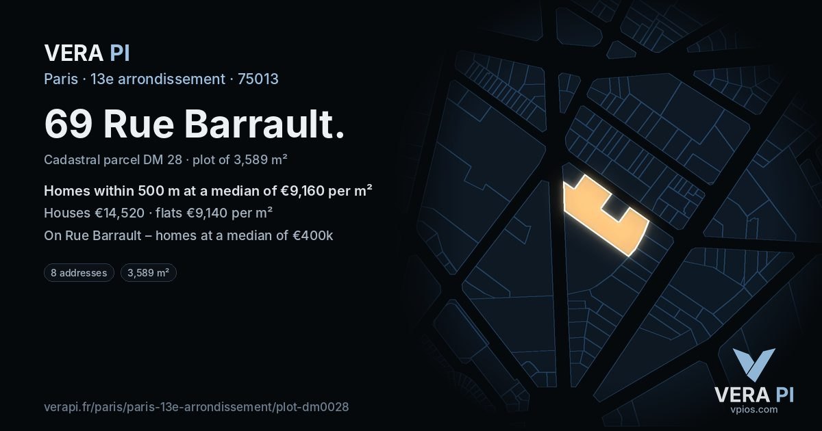 69 Rue Barrault, 13e arrondissement at night – the plot lit, the parcels around coloured by the prices near them