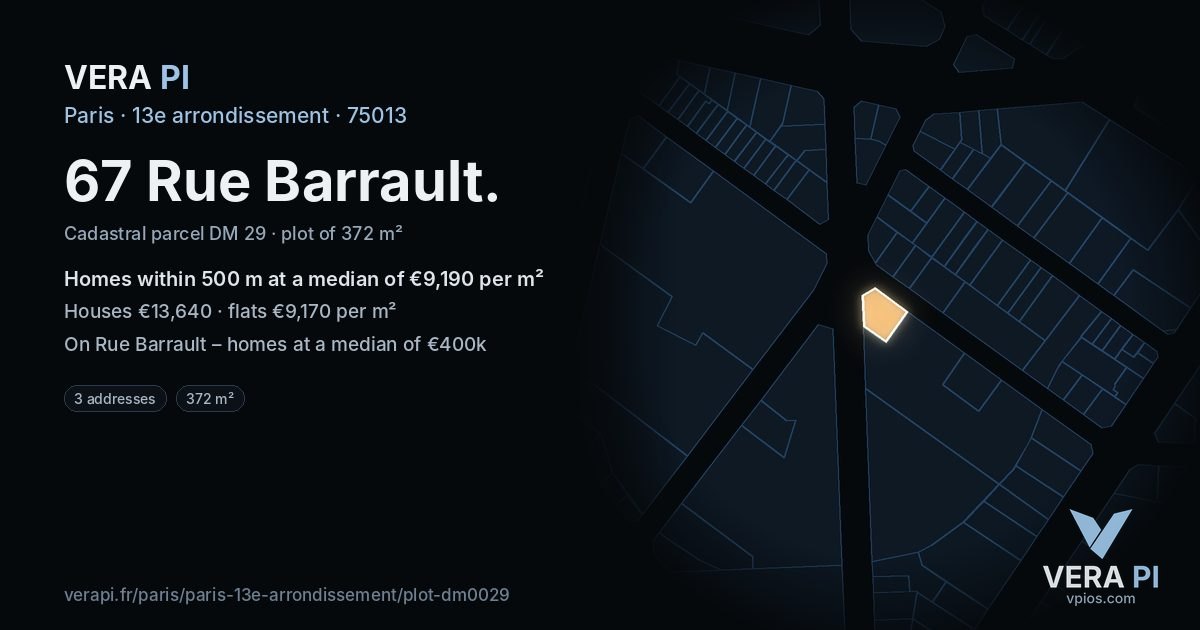 67 Rue Barrault, 13e arrondissement at night – the plot lit, the parcels around coloured by the prices near them