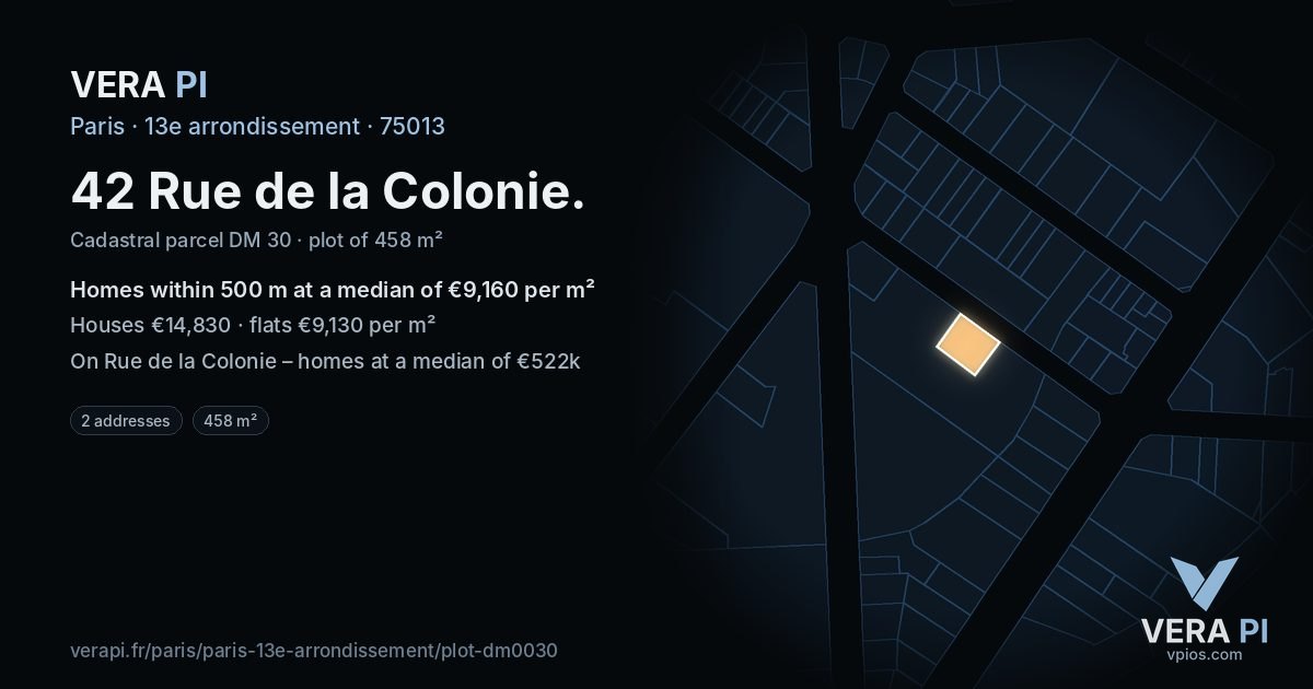 42 Rue de la Colonie, 13e arrondissement at night – the plot lit, the parcels around coloured by the prices near them