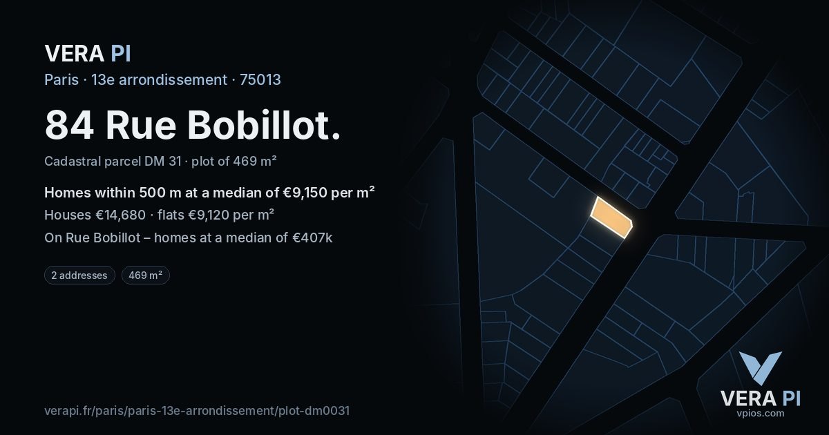 84 Rue Bobillot, 13e arrondissement at night – the plot lit, the parcels around coloured by the prices near them