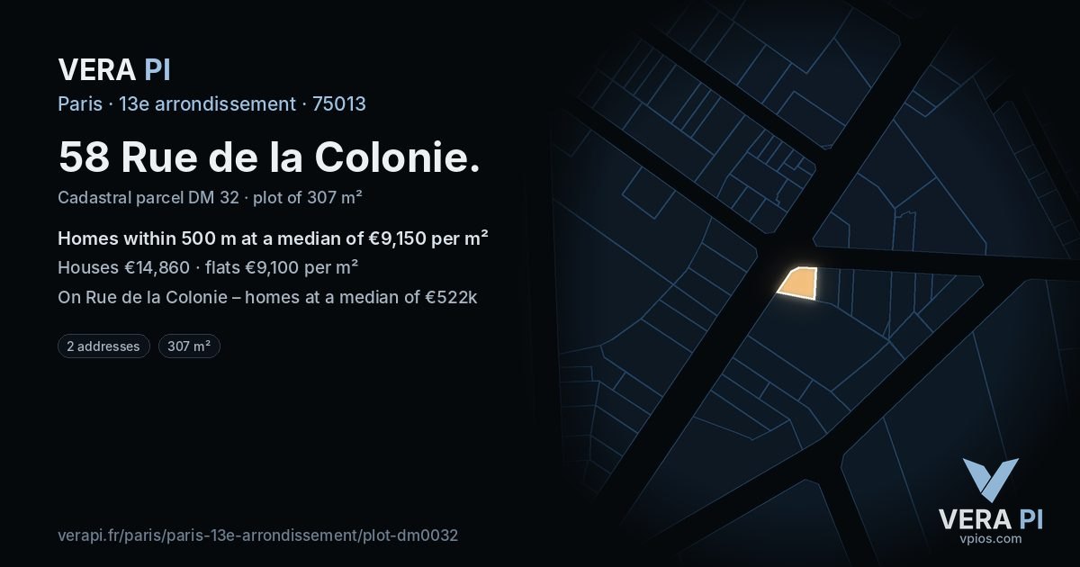58 Rue de la Colonie, 13e arrondissement at night – the plot lit, the parcels around coloured by the prices near them
