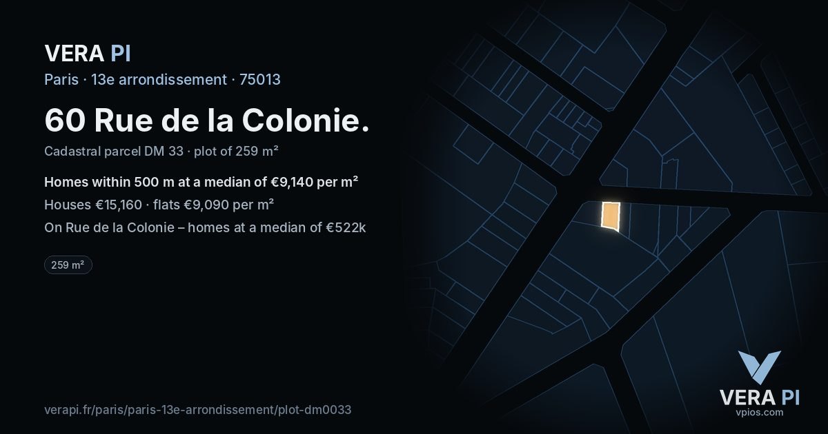 60 Rue de la Colonie, 13e arrondissement at night – the plot lit, the parcels around coloured by the prices near them