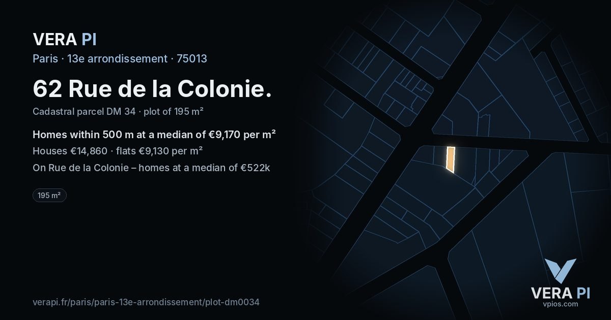 62 Rue de la Colonie, 13e arrondissement at night – the plot lit, the parcels around coloured by the prices near them
