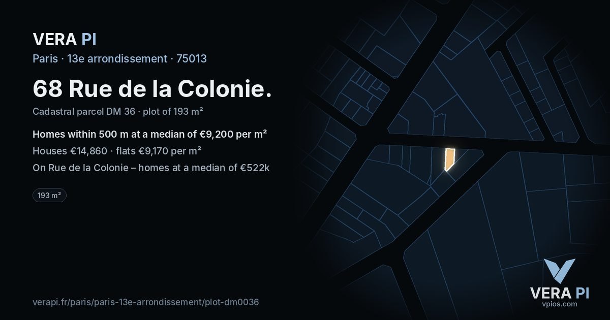 68 Rue de la Colonie, 13e arrondissement at night – the plot lit, the parcels around coloured by the prices near them
