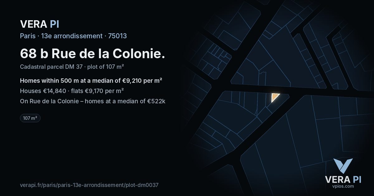 68 b Rue de la Colonie, 13e arrondissement at night – the plot lit, the parcels around coloured by the prices near them