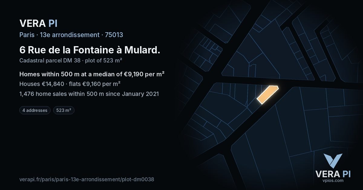 6 Rue de la Fontaine à Mulard, 13e arrondissement at night – the plot lit, the parcels around coloured by the prices near them