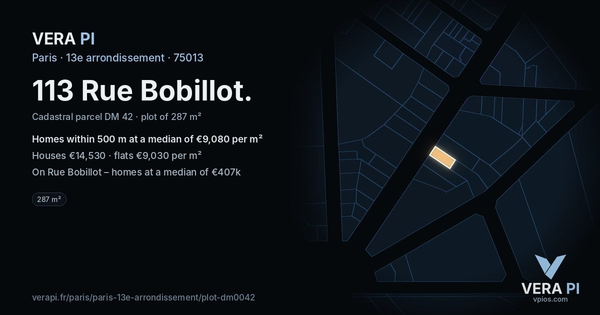 113 Rue Bobillot, 13e arrondissement at night – the plot lit, the parcels around coloured by the prices near them