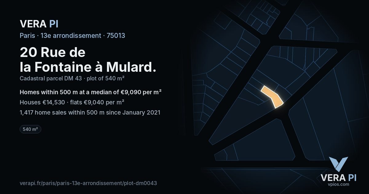 20 Rue de la Fontaine à Mulard, 13e arrondissement at night – the plot lit, the parcels around coloured by the prices near them
