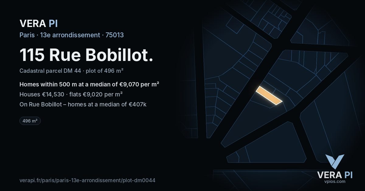 115 Rue Bobillot, 13e arrondissement at night – the plot lit, the parcels around coloured by the prices near them