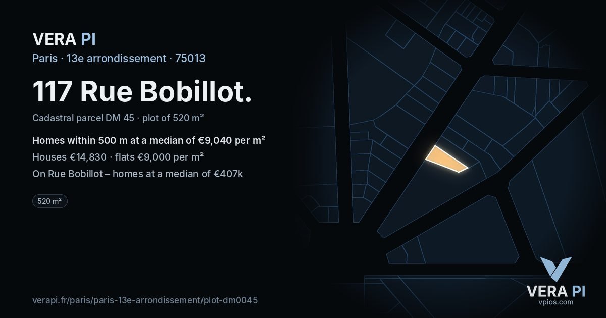 117 Rue Bobillot, 13e arrondissement at night – the plot lit, the parcels around coloured by the prices near them