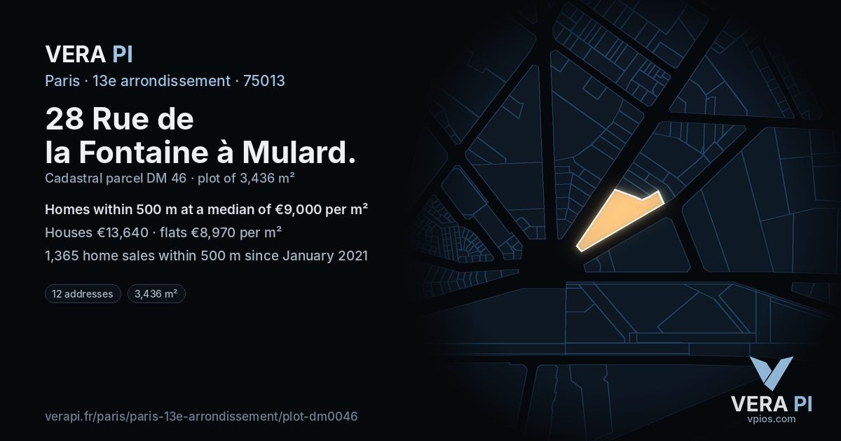 28 Rue de la Fontaine à Mulard, 13e arrondissement at night – the plot lit, the parcels around coloured by the prices near them