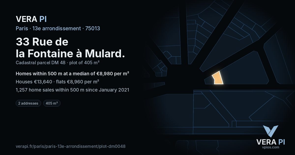 33 Rue de la Fontaine à Mulard, 13e arrondissement at night – the plot lit, the parcels around coloured by the prices near them