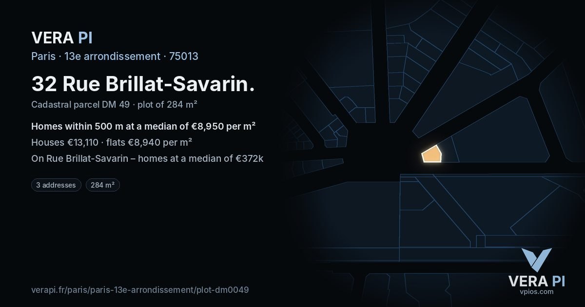 32 Rue Brillat-Savarin, 13e arrondissement at night – the plot lit, the parcels around coloured by the prices near them