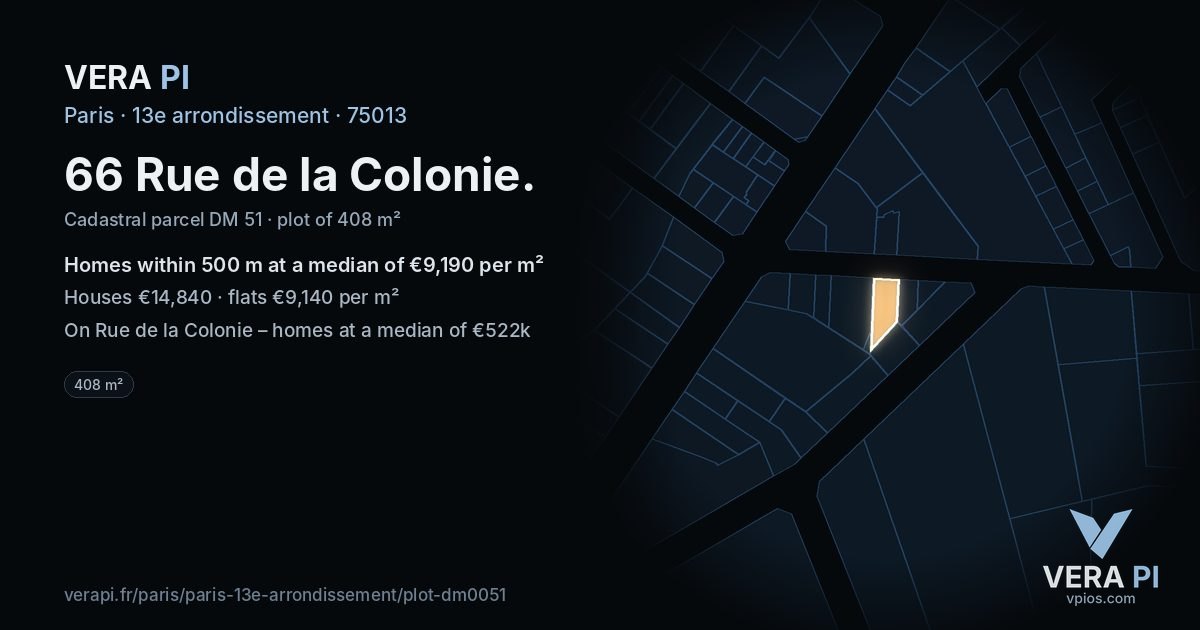 66 Rue de la Colonie, 13e arrondissement at night – the plot lit, the parcels around coloured by the prices near them