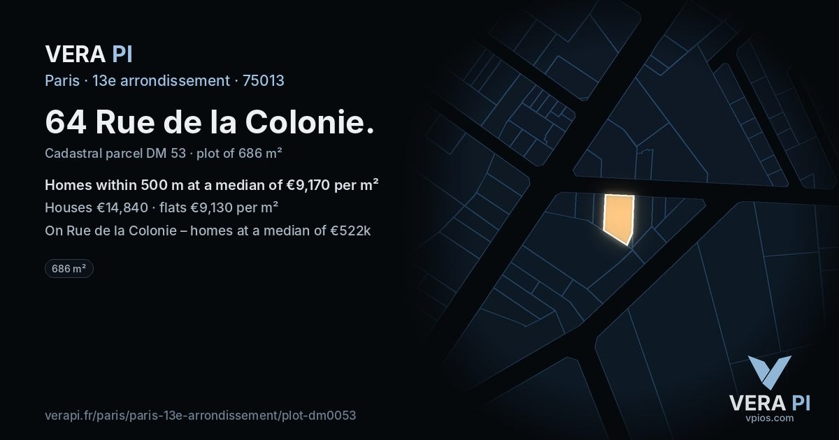 64 Rue de la Colonie, 13e arrondissement at night – the plot lit, the parcels around coloured by the prices near them